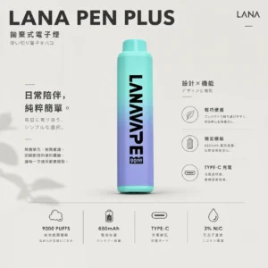 ChatGPT-Image-2026年8月21日-上午12_12_09.webp LANA PEN PLUS 9000口拋棄式電子煙|15ml巨量儲油+Mesh網芯,支援 Type-C 充電