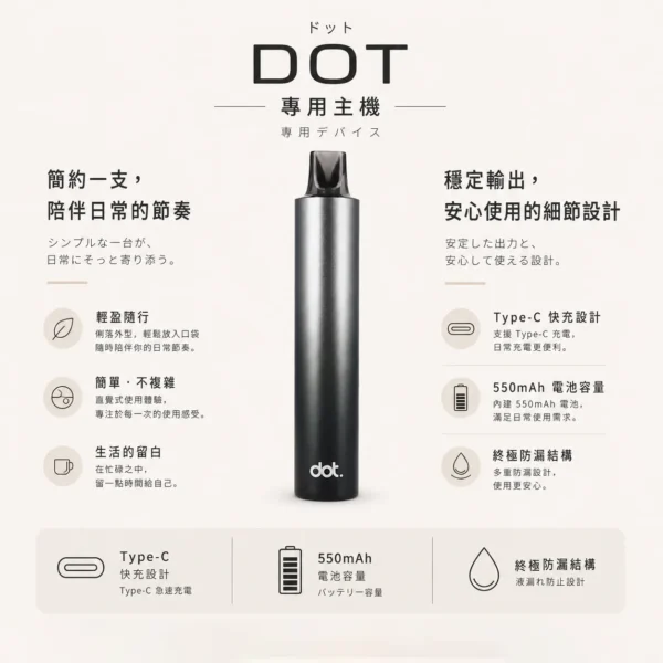 ChatGPT-Image-2026年8月22日-下午06_19_24.webp DOT switch 佩特里 升級款 專用主機|550mAh 電力天花板+金屬防刮塗層,穩壓輸出不燒焦,專用 DOT 煙彈