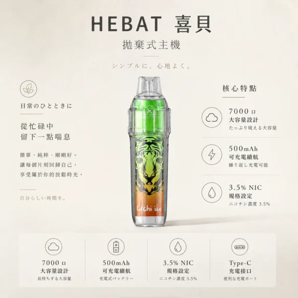 ChatGPT-Image-2026年8月22日-下午07_37_24.webp Hebat 喜貝 BOOM 7000口 拋棄式電子煙|14ml 巨量油倉+3.5% 尼古丁鹽,500mAh 可充電強勁擊喉