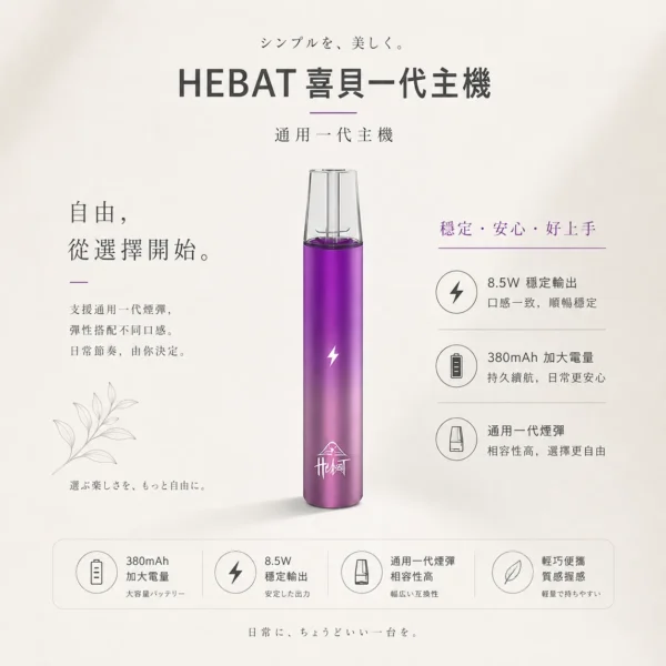 ChatGPT-Image-2026年8月22日-下午07_59_52.webp HEBAT 喜貝 一代通用主機|絕美漸層配色+380mAh 加大電量,8.5W 穩定輸出,通用一代煙彈