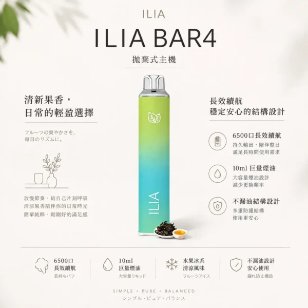 ChatGPT-Image-2026年8月22日-下午09_42_49.webp ILIA 哩亞 Bar4 6500口拋棄式電子煙|13ml 大容量+水果冰系激爽口感