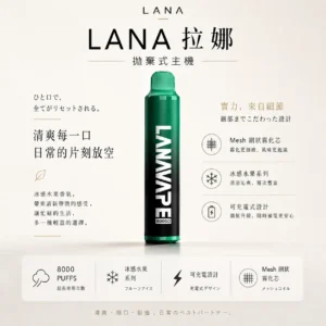 ChatGPT-Image-2026年8月23日-下午04_28_25.webp LANA ZOLT 8000口 拋棄式電子煙|15ml 大容量煙油+Mesh 網狀霧化芯強勁爆發力,冰感水果系列清爽入喉,可充電式設計