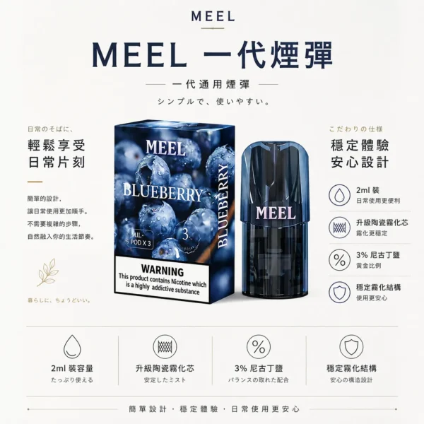 ChatGPT-Image-2026年8月23日-下午06_26_32.webp MEEL 一代通用煙彈|2ml 巨量裝+升級陶瓷霧化芯,3% 尼古丁鹽黃金比例,完美適配一代主機