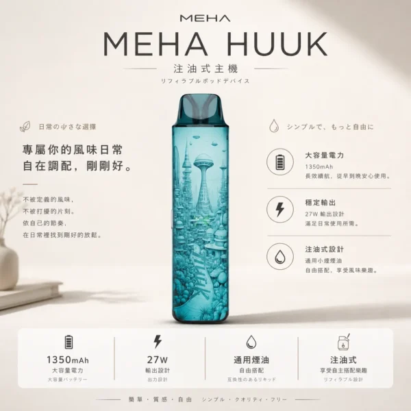 ChatGPT-Image-2026年8月23日-下午06_52_07.webp MEHA HUUK 注油小煙主機|27W 強勁輸出+1350mAh 巨量大電量,通用小煙煙油