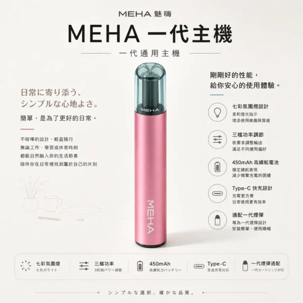 ChatGPT-Image-2026年8月23日-下午07_42_44.webp MEHA 魅嗨 星耀版 一代通用主機|七彩氛圍燈潮流設計+7W-10.5W 三檔功率調節,450mAh 高續航適配一代煙彈