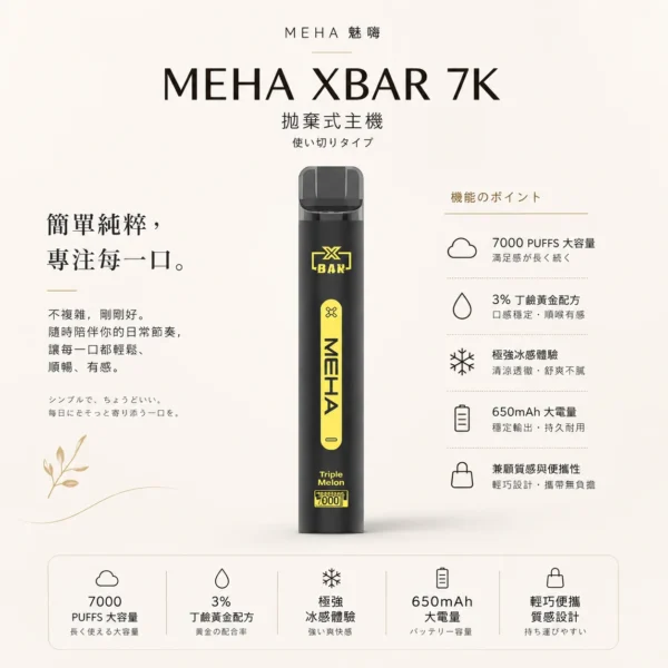 MEHA XBAR 魅嗨 小黑條 7000口 拋棄式電子煙｜Mesh 芯強勁爆發力＋極強冰感體驗，3% 尼古丁鹽黃金配方搭配 650mAh 可充電長效續航