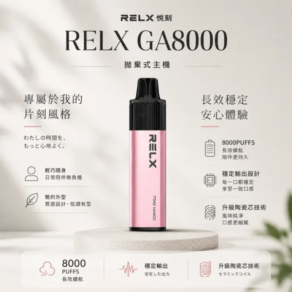 ChatGPT-Image-2026年8月23日-下午08_24_31.webp RELX 悅刻 GA 8000口 拋棄式電子煙|15ml 大容量+升級陶瓷芯純淨還原