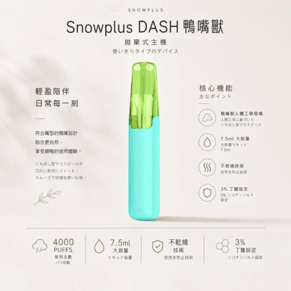 ChatGPT-Image-2026年8月24日-下午09_48_46.webp Snowplus DASH 4000口 拋棄式電子煙|7.5ml 大容量+鴨嘴獸獨家人體工學吸嘴,3% 尼古丁鹽