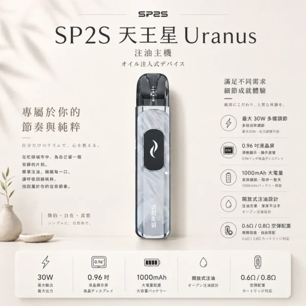 ChatGPT-Image-2026年8月25日-下午06_48_51.webp SP2S 天王星 Uranus 開放式注油小煙主機|最大 30W 多檔調節爆發輸出+1000mAh 大電量,0.96 吋液晶屏精準顯示,含 0.6Ω/0.8Ω 空彈通用小煙煙油