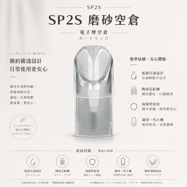 ChatGPT-Image-2026年8月25日-下午07_13_21.webp SP2S 磨砂透明 一代通用空倉|陶瓷芯順滑擊喉+磨砂透明方便看油,加強型密封防漏不滲油
