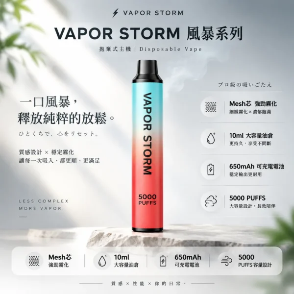 ChatGPT-Image-2026年8月25日-下午10_00_54.webp VAPOR STORM 風暴 5000口 拋棄式電子煙|金屬質感機身+Mesh 芯強勁霧化,10ml 大容量搭配 650mAh 可充電續航