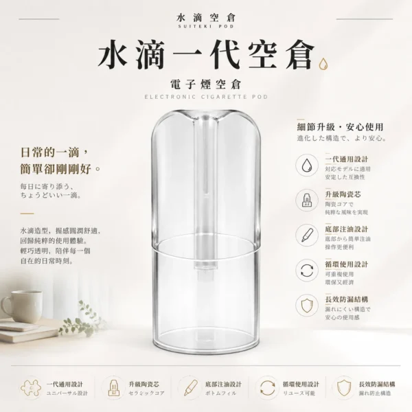 ChatGPT-Image-2026年8月25日-下午10_56_17.webp 水滴空倉 一代通用空煙彈|升級陶瓷芯還原純淨口感+底部注油長效防漏,完美適配一代主機