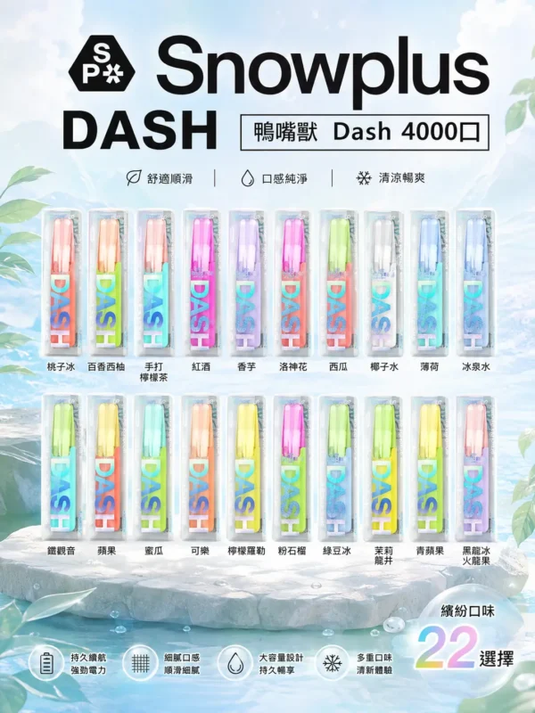 ChatGPT-Image-2026年8月31日-下午11_28_16.webp Snowplus DASH 4000口 拋棄式電子煙|7.5ml 大容量+鴨嘴獸獨家人體工學吸嘴,3% 尼古丁鹽