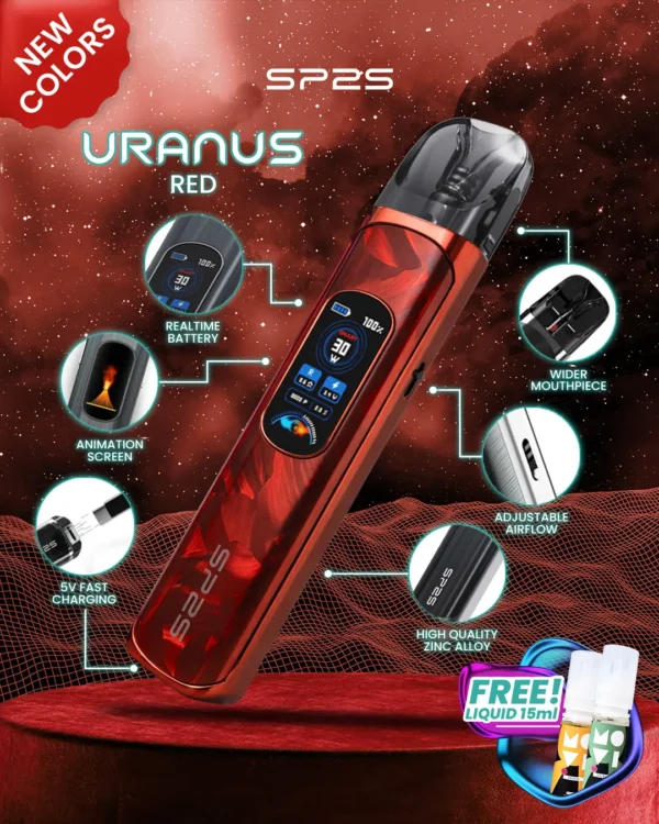 MP-Uranus-1080x1350px-New-Product-Red.webp SP2S 天王星 Uranus 開放式注油小煙主機|最大 30W 多檔調節爆發輸出+1000mAh 大電量,0.96 吋液晶屏精準顯示,含 0.6Ω/0.8Ω 空彈通用小煙煙油