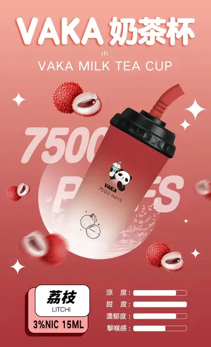 VAKA 奶茶杯 7500口 拋棄式電子煙｜萌熊貓造型＋冰感水果奶茶系專屬口味，15ml 巨量裝搭配 600mAh 可充電續航